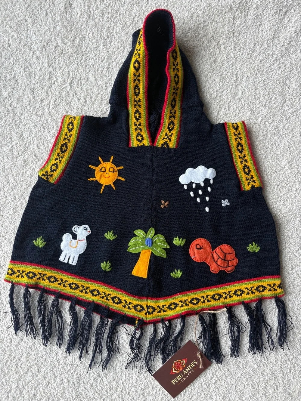 Peruvian Hand Embroidered Kids Hooded Poncho